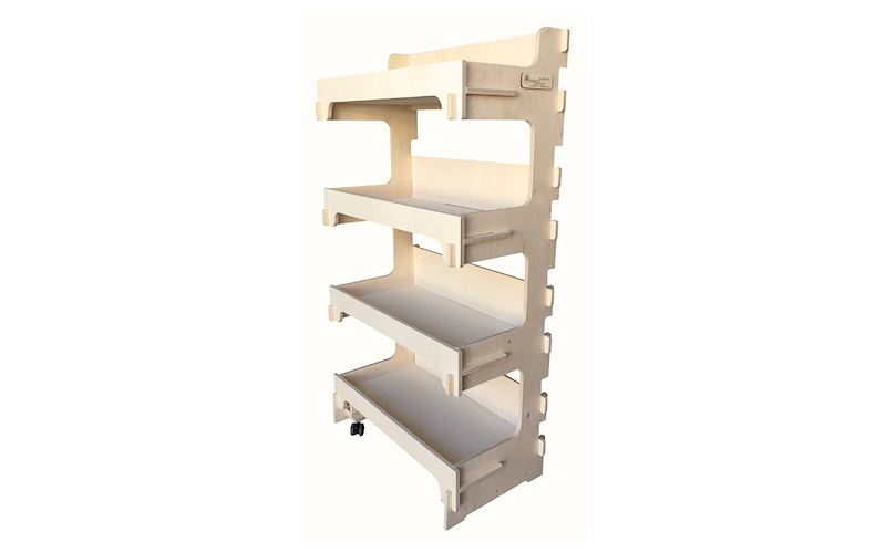 Espositore in Legno 4 Piani con Spondine e Ruote